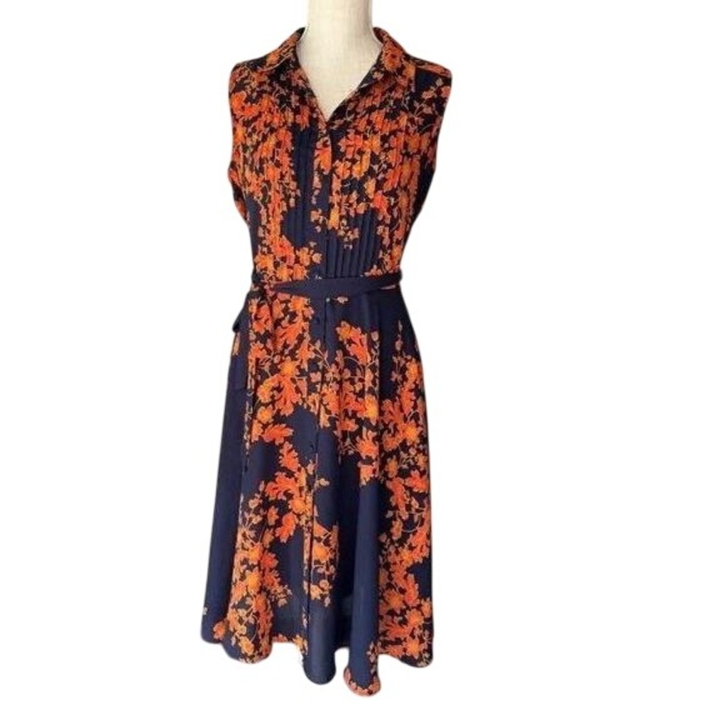 Nanette Lepore Navy & Orange Floral Sleeveless Shirt Dress Size 2